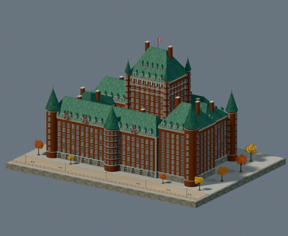 3D architectural illustration of Château Frontenac, with green copper roofs and autumn trees around the terrace.